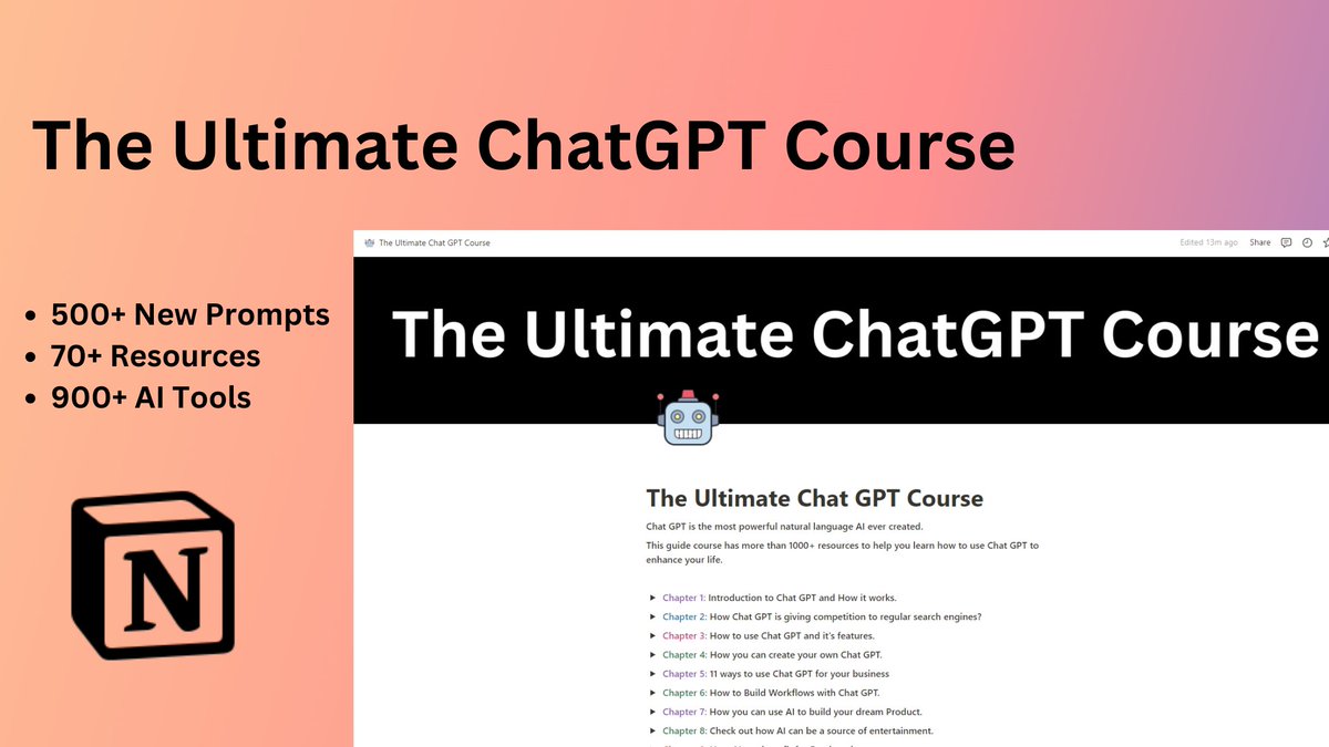 hasantoxr's tweet image. ChatGPT is Free.

But most people don’t know the best ways to use it.

That&apos;s why I build this Ultimate 50+ Chapters ChatGPT Full course for you:

• 500+ AI Prompts
• 70+ Resources
• 900+ AI Tools

And for next 24 hours, it&apos;s free!

Just:
• Follow
• Reply &quot;send&quot;

I&apos;ll DM you