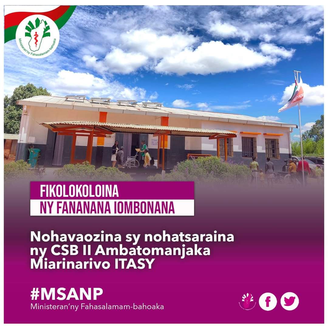 Msanp_Mada's tweet photo. Velirano 5.2: Amélioration des offres de soins

Le CSB II Ambatomanjaka, Miarinarivo ITASY ainsi que les logements du personnel sur le lieu ont été rénovés et améliorés.
La salle "Maman Kangourou" a également été inaugurée. 
#Santé_pour_Tous
#Msanp
#Velirano5 https://t.co/CVqIKPx6Hk