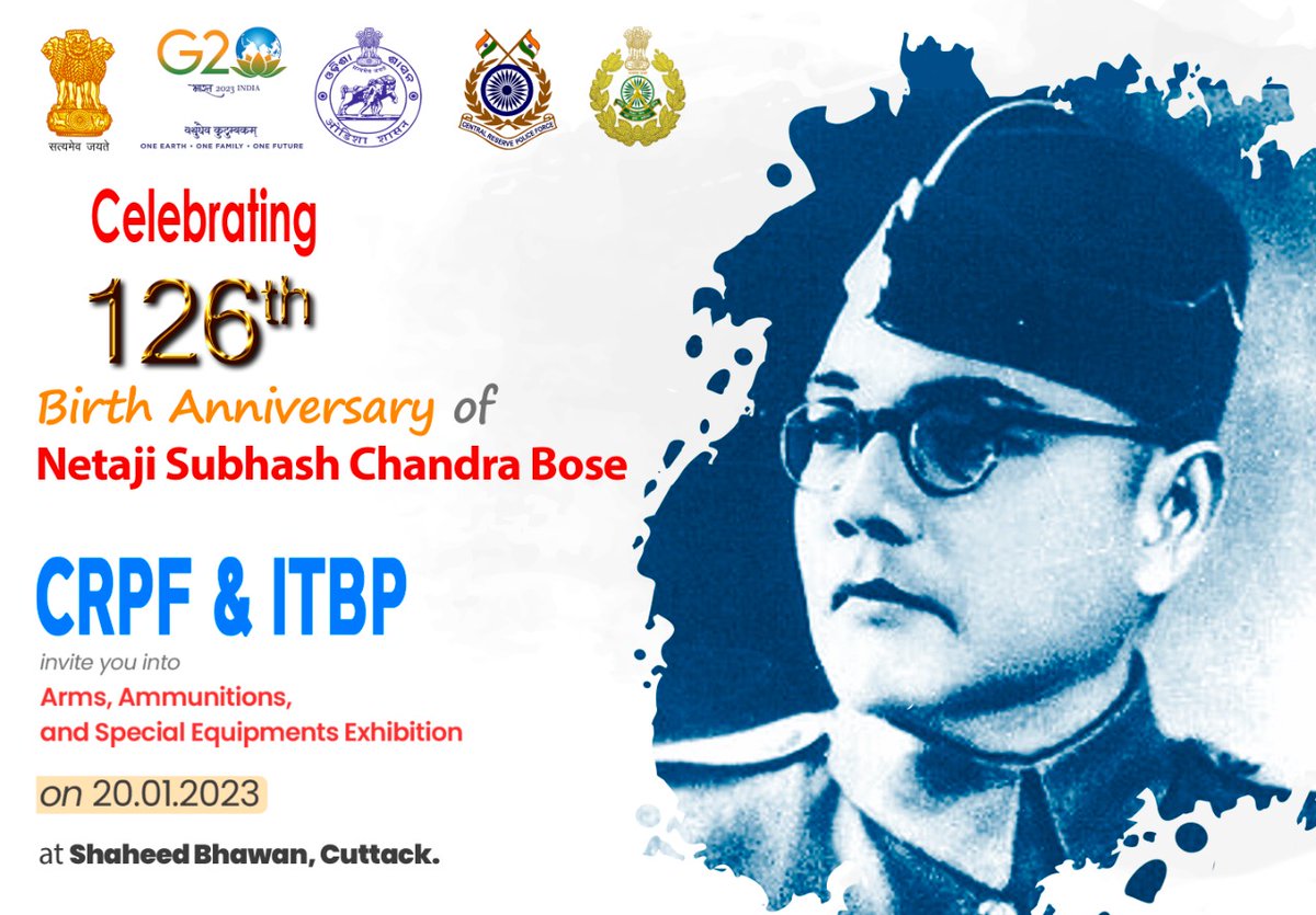 crpfindia's tweet photo. We welcome you into the Arms, Ammunition &amp; Special Equipment Exhibition by  #CRPF, #ITBP, and Government of Odisha on 20 Jan 23 at Shaheed Stadium, Cuttack, organised in #AzadiKaAmritMahotsav Iconic Events week, to mark the 126th Birth Anniversary of Netaji Subhash Chandra Bose. https://t.co/g0KneqMssg