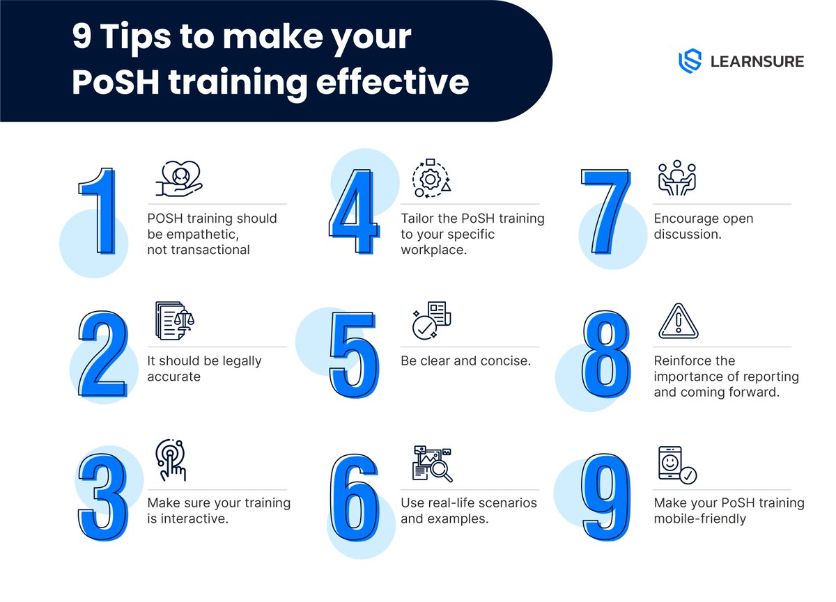 learnsure's tweet photo. Want to make your POSH training more effective? Check out these tips to enhance your program. By following these tips, you can ensure that your POsH training is effective in creating a safer and more inclusive workplace. 
#poshtraining #learninganddevelopment https://t.co/J1sqIfkNUR