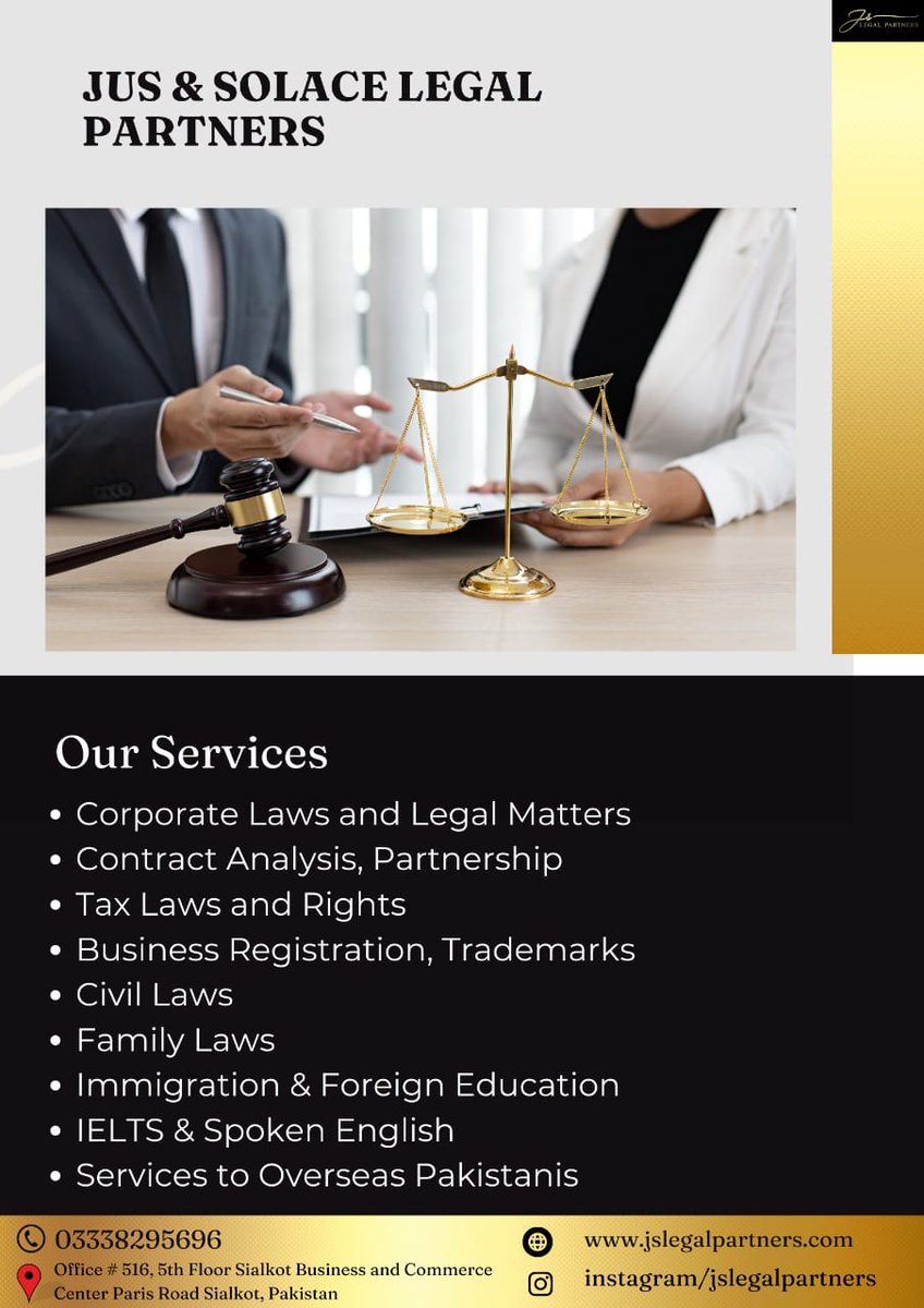 Jus & Solace Legal Partners will assist you protect your Legal and Business Rights
 #incometaxreturn #taxlitigation #SialkotTaxBarAssociation #generalsalestax #propertytax #taxadvisory #taxcompliance