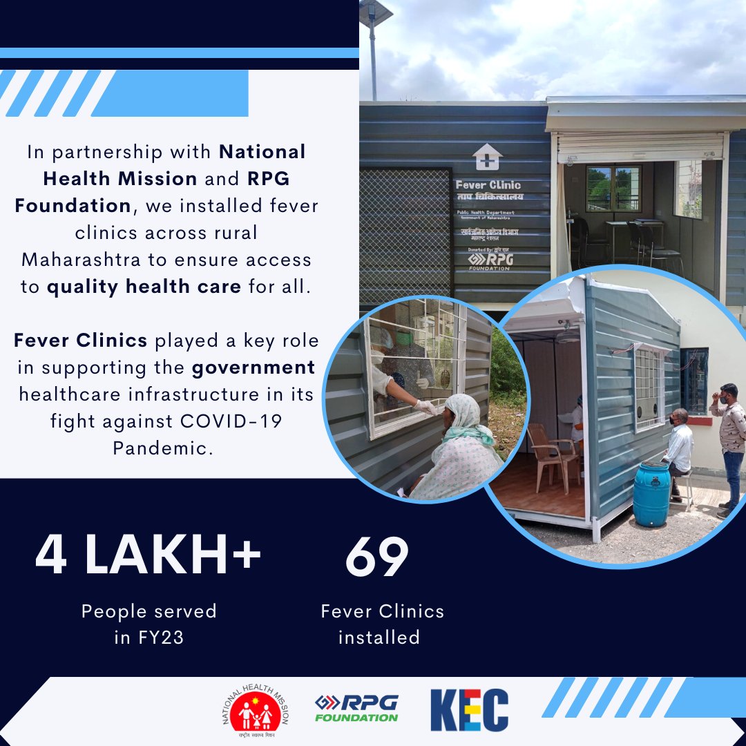 A milestone achieved! We are delighted to serve 4+ lakh beneficiaries, including, children, youth, women, senior citizens & PWDs in FY23, through 69 Fever Clinics, setup in association with @RPGFoundation & National Health Mission in rural Maharashtra. #QualityCareForAll #KECxCSR