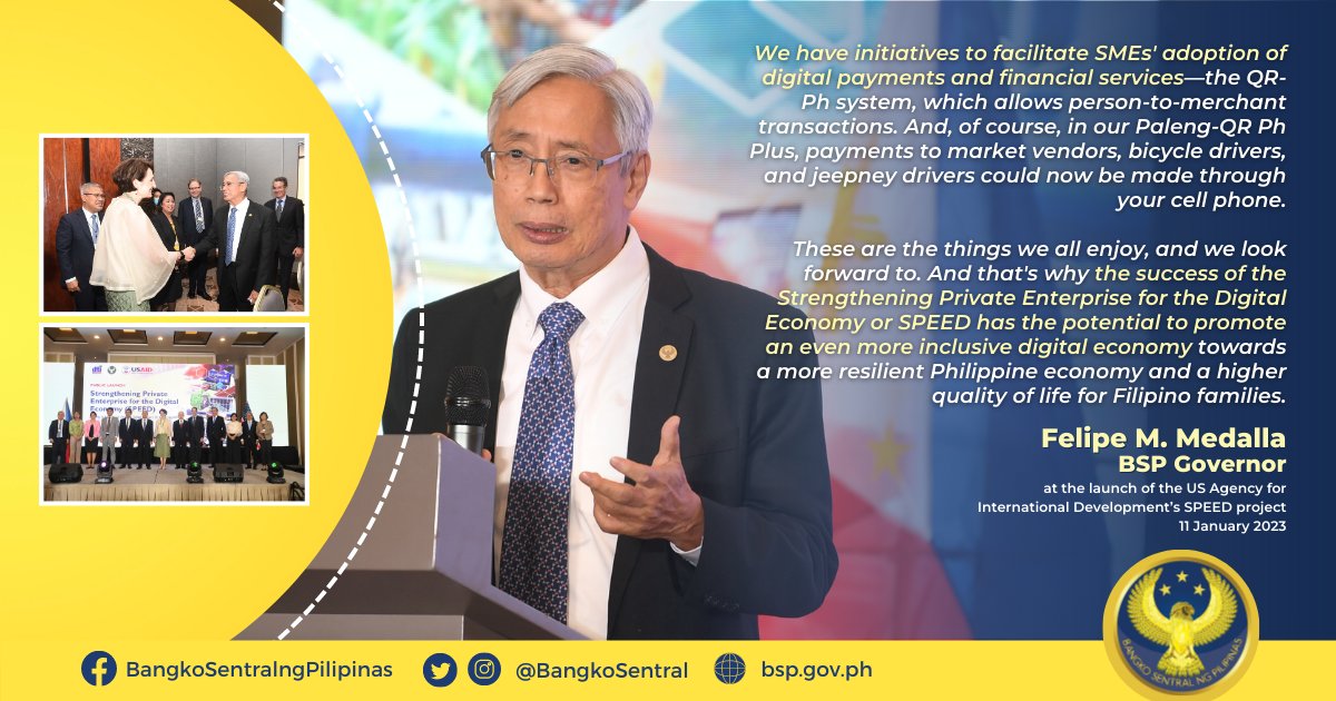 BangkoSentral's tweet image. LOOK: @BSPGovMedalla said the “Strengthening Private Enterprise for the Digital Economy” (SPEED) project has the potential to promote an even more inclusive digital economy and a higher quality of life for Filipino families.

#BSP #LetsGetDigitALL