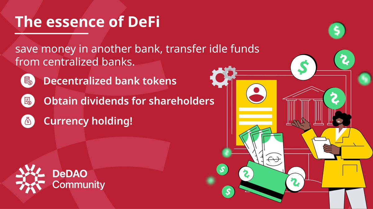 DEDAO_Community's tweet photo. The essence of 𝗗𝗲𝗙𝗶 is save money in another bank, transfer idle funds from centralized banks.

Decentralized bank tokens, obtain dividends for shareholders and for currency holding!📈

#dedao #dedaocommunity #DeFi https://t.co/yKDnHTbLd0
