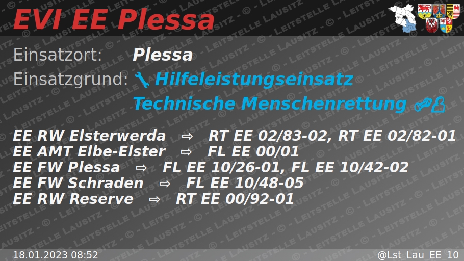 🚨 18.01.2023 08:52 🔩 👤 H:Technische-Menschenrettung 🌐 Plessa 🚒 ⇨ FW Plessa, FW Schraden wachalarm.leitstelle-lausitz.de/dbrd/50a31296-…