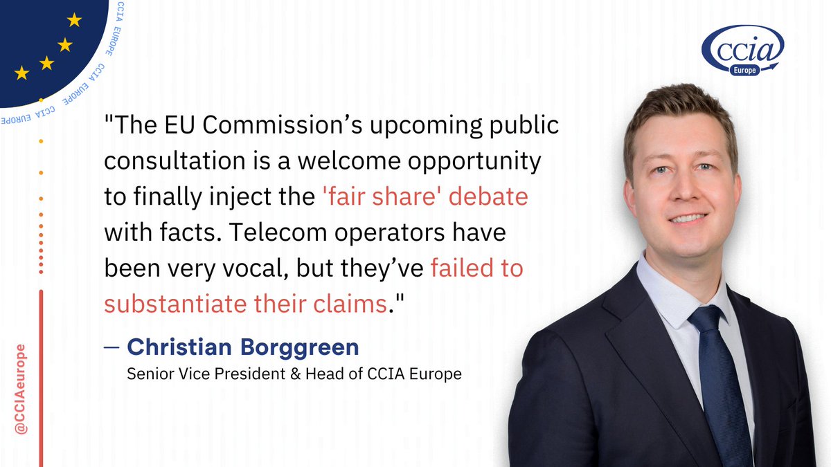 CCIAeurope's tweet photo. #NetworkUsageFees: Separating Fact From Fiction in the 🇪🇺 #FairShare Debate
Ahead of @EU_Commission consultation, @Borggreen sets out the 6️⃣ key facts that must be at the centre of any debate about #telcos’ "fair share" demands.
👉 https://t.co/ejbVGjaUdX #InternetTrafficTax https://t.co/SpkY6Q7NqE