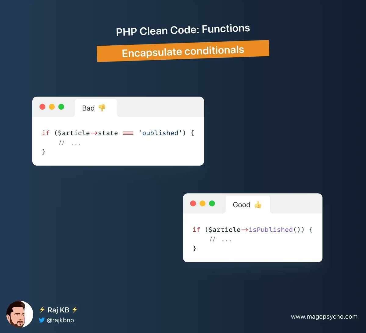 rajkbnp's tweet photo. 🐘#PHP #Laravel #Symfony Clean Code Series: Functions💡

☑️ Encapsulate conditionals https://t.co/RiRtRfTVpA