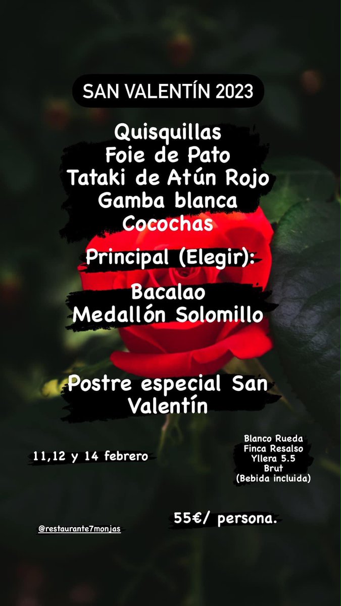 7monjas's tweet photo. 🔴| Celebramos San Valentín en el Restaurante #7Monjas los días 11,12 y 14 de febrero. Reserva tu mesa y distínguete. ❤️🌹🍾🥂. 📞 695163375. 👇🏼👇🏼👇🏼 https://t.co/cq0QMiHRuX