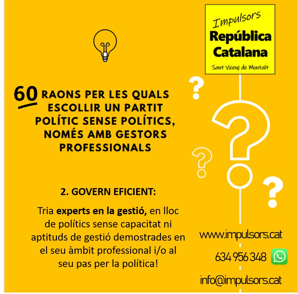 daniel_xsvm's tweet photo. La clau d’un govern eficien: Experts en gestió, no polítics
#municipals2023 #gestorsprofessionals #ImpulsorsRepCAT #Impulsors_República_Catalana #Xurravina #Xurravi #SantVicentins #santvicençdemontalt #svmontalt #SVM #delmaralamuntanya #governeficient https://t.co/LKTLrq2Eps