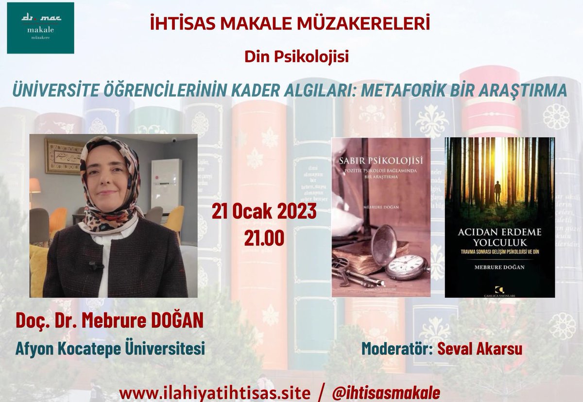 21 Ocak , saat: 21.00’de <a href="/MebrureDogan/">Mebrure Doğan</a> hocamızın “ Üniversite Öğrencilerinin Kader Algıları: Metaforik Bir Araştırma” adlı makalesini müzakere edeceğiz. Makaleye şu linkten ulaşabilir : dergipark.org.tr/tr/pub/kaderde…