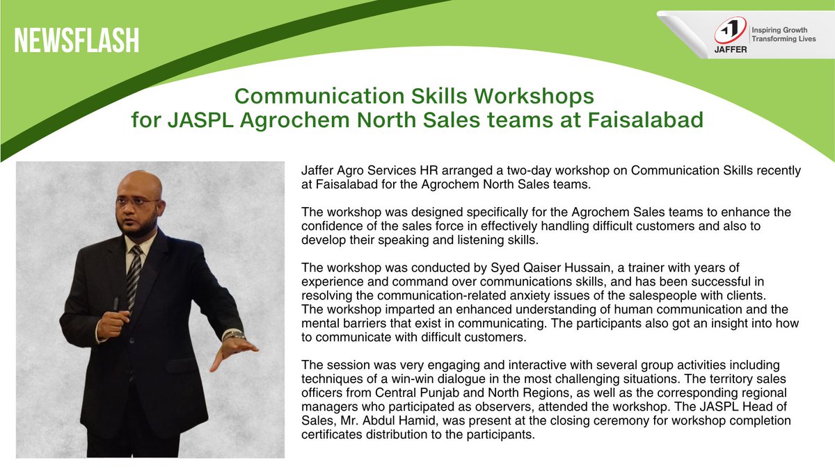 JafferGroup's tweet photo. Jaffer Agro Services HR arranged a two-day workshop on Communication Skills recently at Faisalabad for the Agrochem North Sales teams. https://t.co/34EtClHdKB