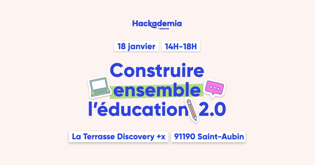 📢J - J 📣
Retrouvez nous aujourd’hui pour parler des innovations dans l’éducation. #Hackademia
⌚ De 14h à 18h
🔗 Programme et inscription ici : hackademia.info 
🎥 Live : cutt.ly/p28eGVw  
#événement #éducation #numérique #innovation #Livestream