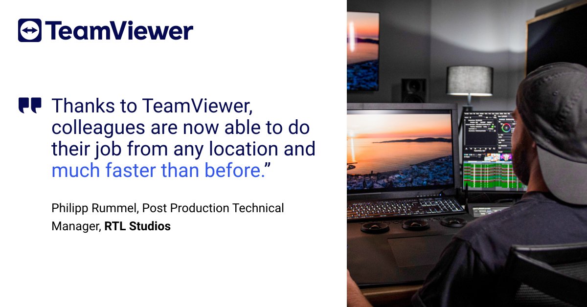 TeamViewer's tweet image. The film industry is in a constant process of change, requiring new technical solutions. With #TeamViewerTensor, @rtl_studios can adapt and increase work efficiency by 20%.
➡️ bit.ly/3SxGquy
#TeamViewer #RemoteAccess #RemoteControl