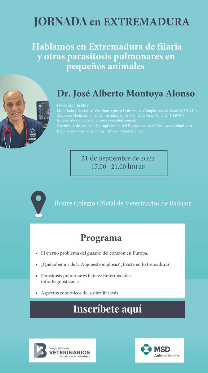 🚨¡ÚLTIMA OPORTUNIDAD!🚨

Mañana por la tarde, concretamente a las 17:00 h, va a celebrarse el curso impartido por el Dr. J. Alberto Montoya titulado “Hablamos de filaria y de otras parasitosis pulmonares en Extremadura” en nuestro salón de actos.