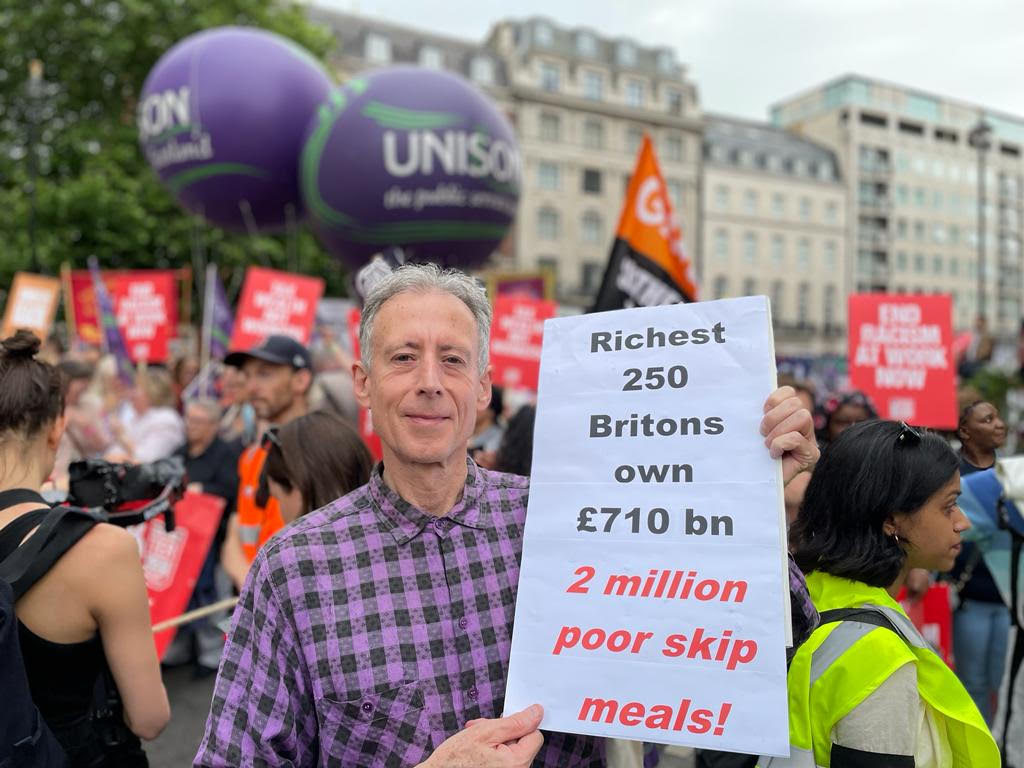 PeterTatchell's tweet photo. The BIG Tory lie! There IS plenty of money to pay nurses, posties &amp; rail workers. The richest 250 Britons own £710 billion. They can afford to pay more tax. If they paid just 1% of their wealth in tax each year, it would raise £7 BILLION - enough to pay decent wages &amp; end strikes https://t.co/1efR0P8BWT