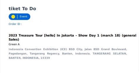 WTS 1 TICKET TREASURE JAKARTA GREEN A FEE STANDAR YANG MAU LANGSUNG DM YA BISA DIURUS SAMPAI TIKET FISIK FEE STANDAR

#TREASURE_HELLOinJAKARTA 
#HELLOinJKT