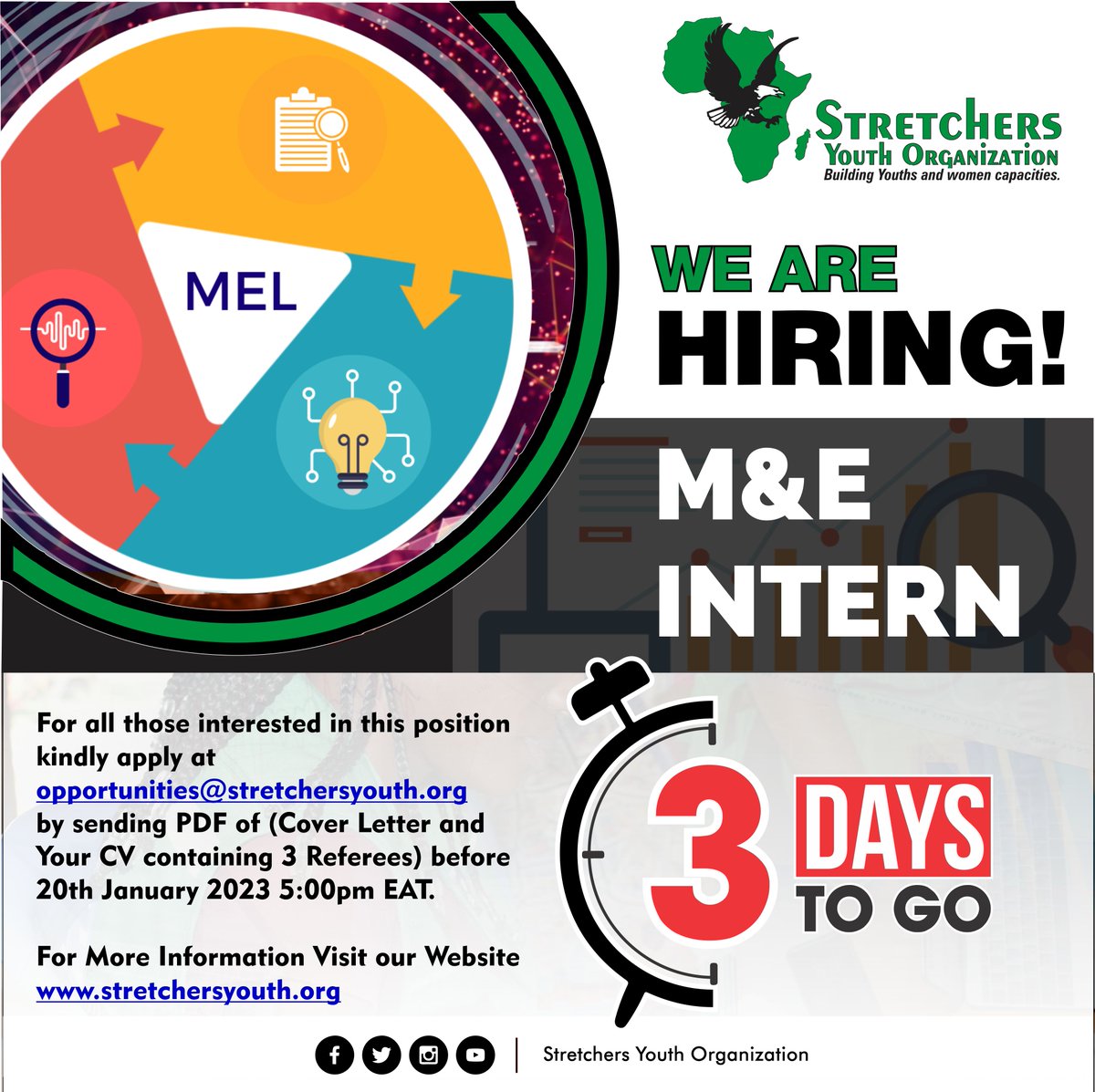 StretchersYouth's tweet photo. #InternWithUs
Only 3 days left to apply for the M&E position before the deadline! Don't miss out on this opportunity to join our team and make a real impact. Apply now at https://t.co/Tjjrzqkezs https://t.co/mDh4NOOqgb