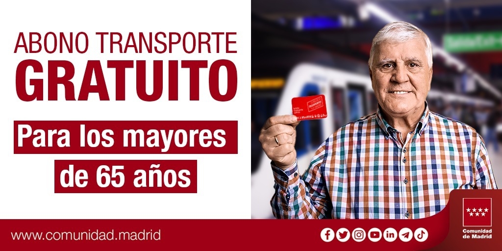 Comunidad de Madrid on Twitter: "✓ Los mayores de 65 años de la Comunidad  de Madrid ya disfrutan de la gratuidad en su abono de transporte. 🪪 Deberá  disponer de la Tarjeta