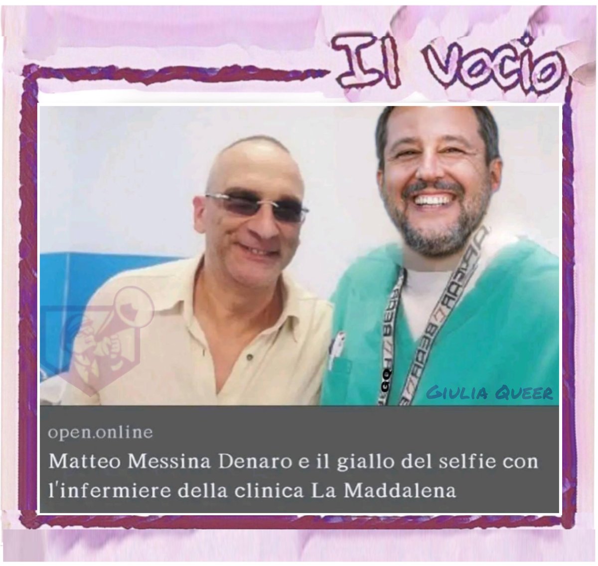 ilvocio's tweet photo. Giulia_Queer @QueerGiulia #GiuliaQueer #ilvocio #mistero #Salvini #selfini #MessinaDenaro #infermiere #chemioterapia #selfiemania https://t.co/TwpCRH2SVd