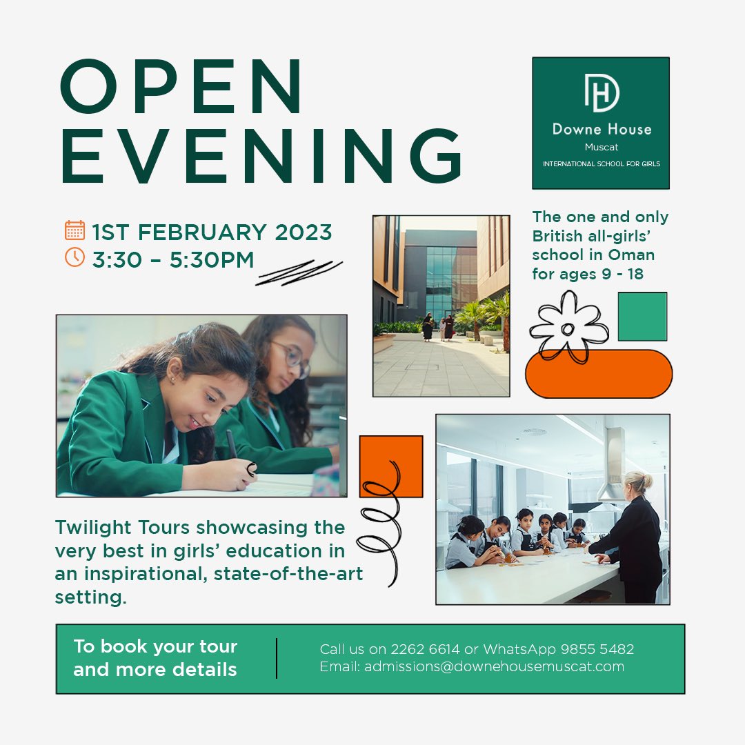 dhmuscat's tweet photo. Twilight Tours showcasing the very best in girls’ education in an inspirational, state-of-the-art setting.

RSVP your spot to attend.
WhatApp – 98555482
Phone - 2262 6614
Email - admissions@downehousemuscat.com
 
#beadownehousegirl #عُمان #school #education #oman🇴🇲 #evening https://t.co/Hsf3aoqMxJ