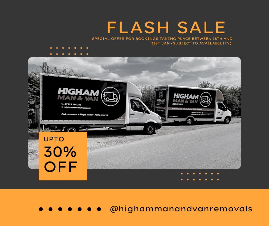 Due to some booking changes in the diary we are having a flash sale 🗓️📣✅ - 30% off Single item collections - 20% off Bulky Loads inc Storage - 10% off House Removals Get in contact today 💬📲📞 #highammanandvanremovals #flashsale #singleitems #bulkyloads #removals #savetoday