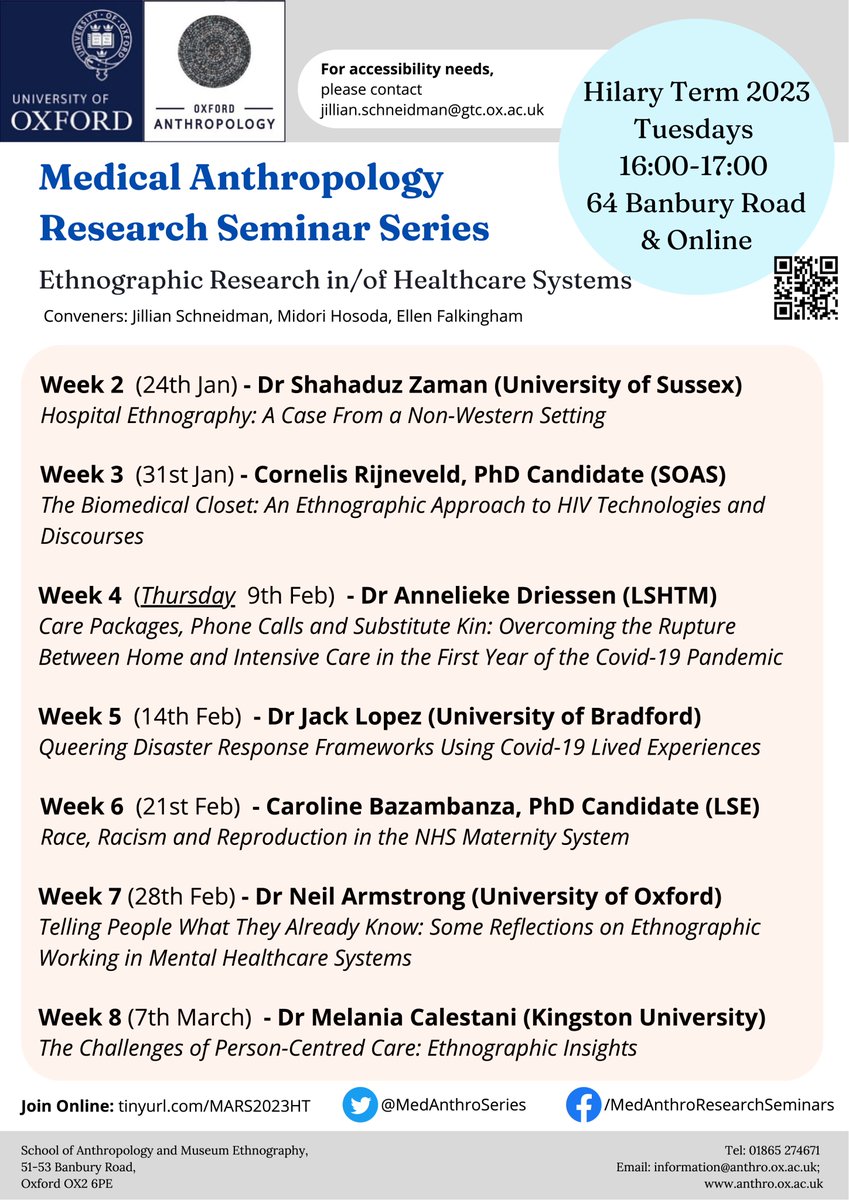 Medical Anthropology Research Seminar Series (@medanthroseries) on Twitter photo Our term card for our 8-week seminar series, titled 'Ethnographic Research in/of Healthcare Systems' is attached!
Please feel free to join us online or in-person. More info related to the talks will come each week - stay tuned!
<a href="/oxford_anthro/">Oxford Anthropology</a> Our term card for our 8-week seminar series, titled 'Ethnographic Research in/of Healthcare Systems' is attached!
Please feel free to join us online or in-person. More info related to the talks will come each week - stay tuned!
<a href="/oxford_anthro/">Oxford Anthropology</a>