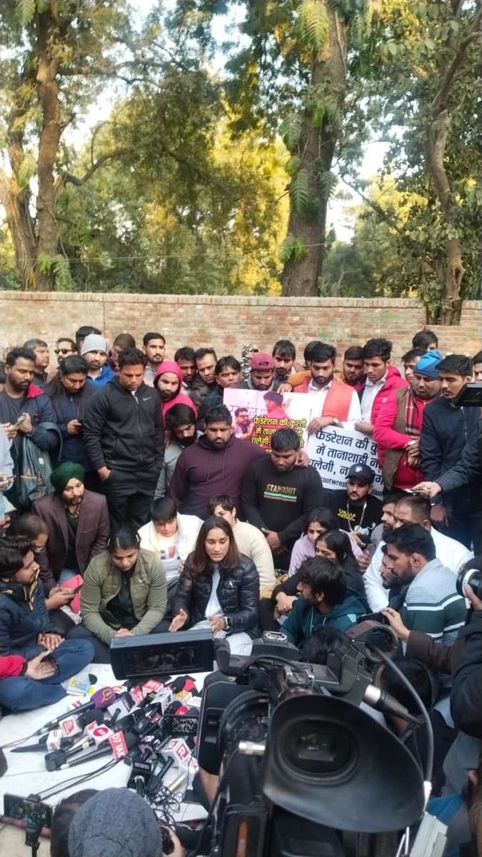 BoriaMajumdar's tweet photo. Huge allegation from @Phogat_Vinesh in the press conference. She says WFI president Brij Bhushan Sharan and coaches has sexually exploited wrestlers. She says now that she has said it she isn’t sure if she will be alive tomorrow. @RevSportz https://t.co/oV0XVfRmL3