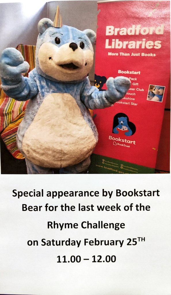 Rhymetime Challenge starts February 4th 11am - 12. The last session on the 25th February has a special appearance by Bookstart Bear. Learn a new rhyme a week and collect your certificate.