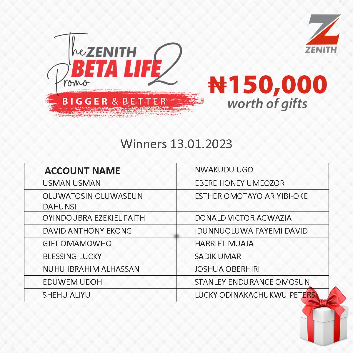 ZenithBank's tweet photo. Congratulations to the winners of the Zenith Beta Life Promo2 bi-weekly draws.
You can be a winner too!⁣
Visit https://t.co/4CXVKNV7vQ for more information.⁣
#ZenithBetaLifePromo #ZenithBank #Winners https://t.co/aearLET1tv