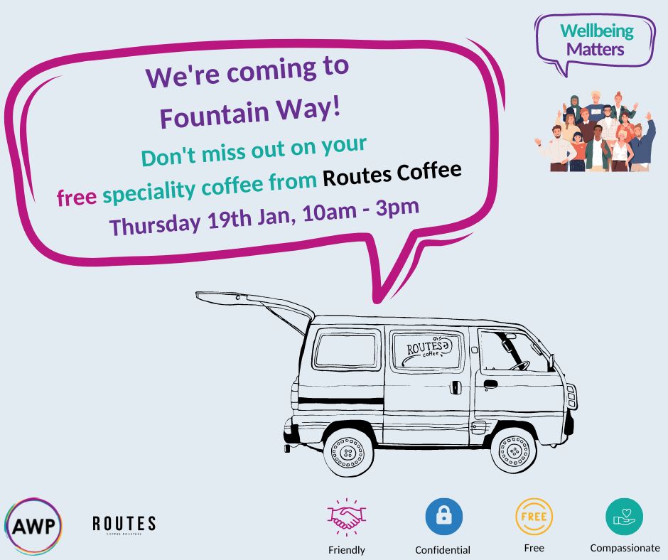 Calling all staff at Fountain Way Hospital! 
On Thursday 10am - 3pm grab yourself a free coffee from @RoutesCoffee and have a chat with the BSW Wellbeing Matters team. bit.ly/3CtyaoX