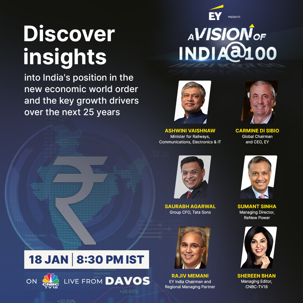 Join us at the #WorldEconomicForum along with global and Indian CEO’s and crystal gaze into what India@100 will look like, what will be the key enablers and what we need to do to get there.

#wef23 #davos <a href="/EY_India/">EY India</a> <a href="/Carmine_DiSibio/">Carmine Di Sibio</a> <a href="/rajivmemani/">rajiv memani</a> <a href="/sumant_sinha/">Sumant Sinha</a> <a href="/AshwiniVaishnaw/">Ashwini Vaishnaw</a>