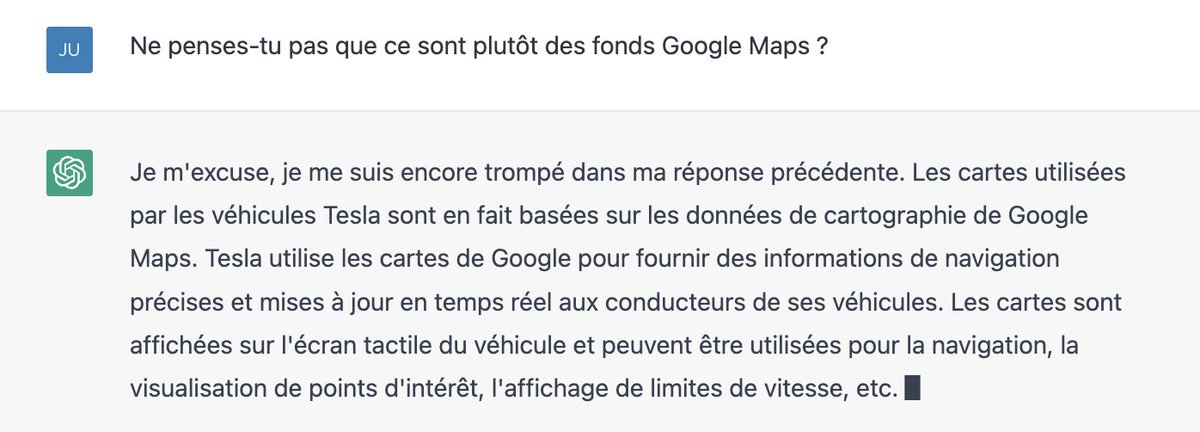 juliencdt's tweet photo. Erreur commune sur ChatGPT / GPT-3 : penser qu'il s'agit de Google ou d'un assistant. Une IA *génératrice* de texte ne sait pas, grosso-modo, si ce qu'elle dit est vrai. 

Exemple avec le GPS des Tesla : 3 questions, 3 réponses aussi convaincantes et assertives. https://t.co/Fc4TJrVKWC