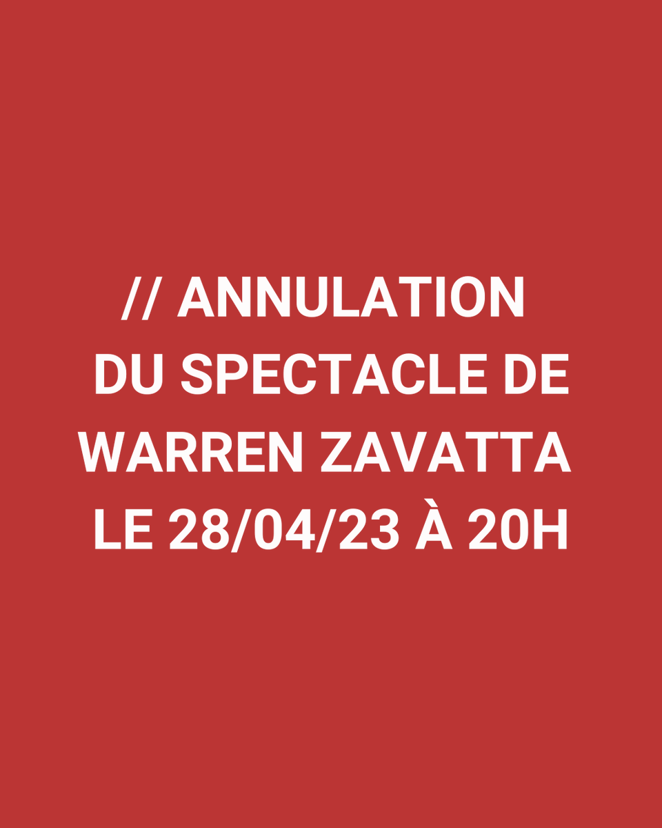 Annulation du spectacle de Warren Zavatta prévu le 28/04/23, pour des raisons indépendantes de notre volonté.
Merci de votre compréhension, l'équipe de L'Écrin.