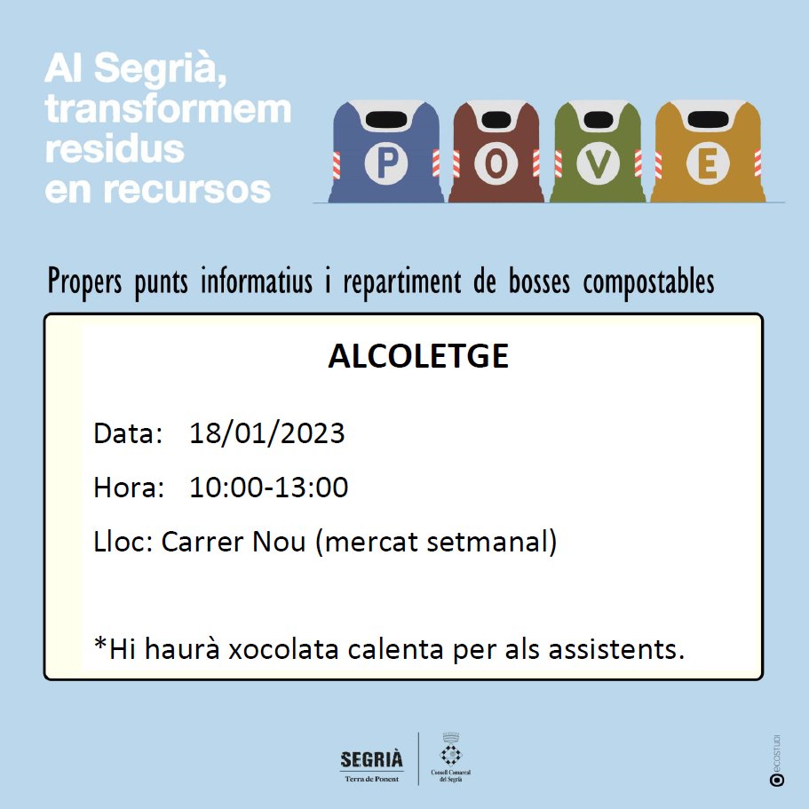 Bon dia! Avui estarem a Alcoletge. No dubtis en preguntar-nos qualsevol dubte sobre la separació dels residus i participar en les enquestes! Ens hi trobareu a partir de les 10h.  <a href="/SegriaResidus/">Segrià Residus</a> #CompromisSegrià #TerradePonent #RecollidaSelectiva #Reciclatge #Orgànica #compostatge