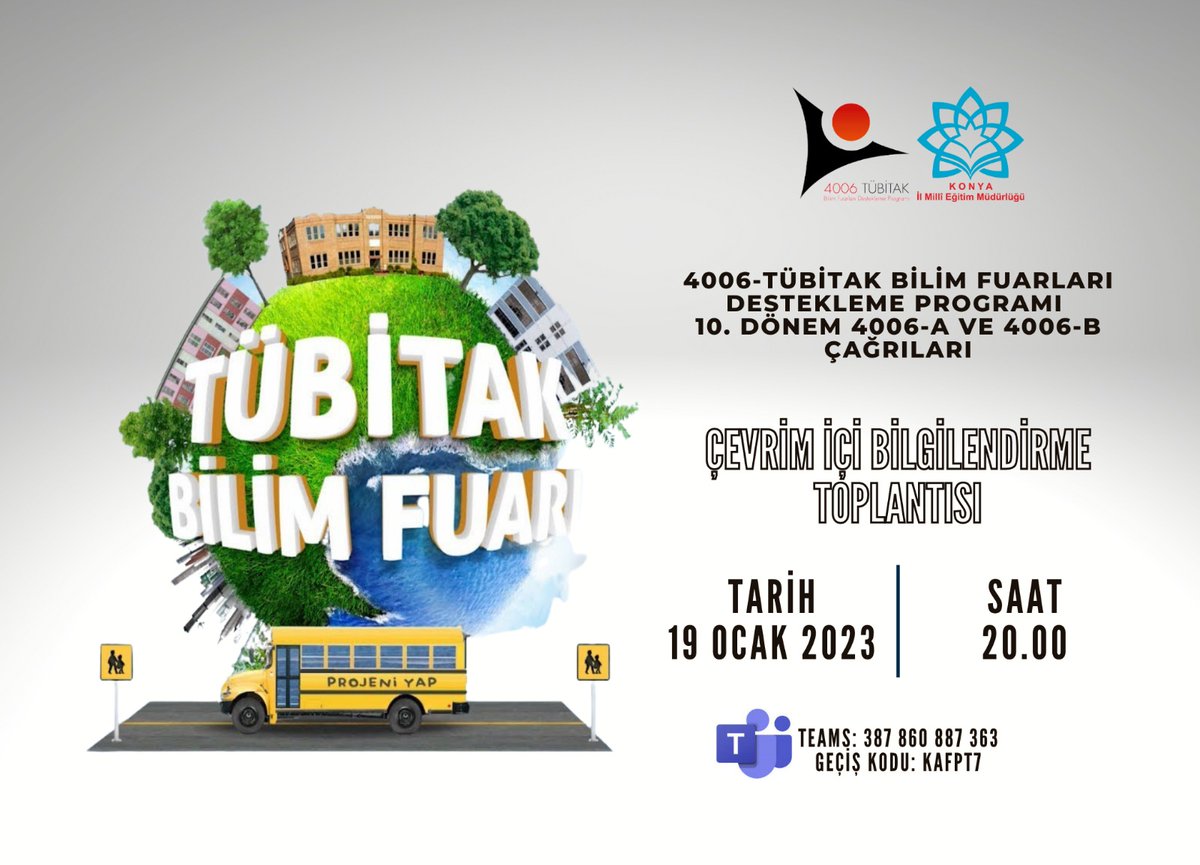 konyamem's tweet photo. Müdürlüğümüz tarafından 4006-TÜBİTAK Bilim Fuarları Destekleme Programı 10. Dönem 4006-A ve 4006-B Çağrıları Bilgilendirme Toplantısı, 19 Ocak 2023 Perşembe günü saat 20.00'de çevrim içi olarak yapılacaktır.
@tcmeb 
@TCKonyaValiligi

Teams Bağlantısı⤵️
https://t.co/o5QqiI3ie3 https://t.co/T9DoFZWlko