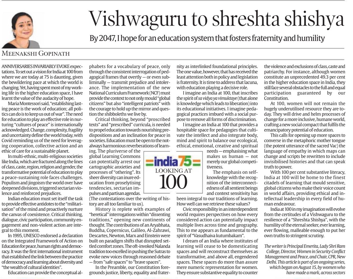 India at 100 in my imagination will evolve from the certitudes of a Vishwaguru to the resilience of a "Shreshta Shishya": Meenakshi Gopinath writes, by 2047, I hope for an education system that fosters fraternity and humility <a href="/IndianExpress/">The Indian Express</a> 
cprindia.org/wp-content/upl…