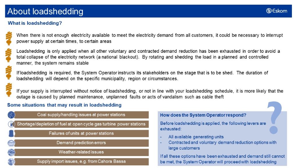 Eskom_SA's tweet photo. Loadshedding is a controlled way and legal requirement to make sure that the national power system remains stable in the case of major incidents - to avoid a total countrywide blackout. https://t.co/LiDW3a6djL