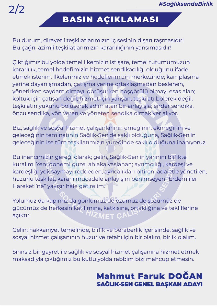 SSMahmutFaruk's tweet photo. Bu sorumluluğun idrakiyle 18 Şubat 2023 tarihinde gerçekleştirilecek olan Sağlık-Sen 7. Olağan Genel Kurulu'nda Genel Başkanlığa aday olduğumu, mensubiyetimden şeref duyduğum Sağlık-Sen teşkilatımıza saygılarımla arz ederim.

#SağlıkSendeBirlik https://t.co/0mmqfmDUGY