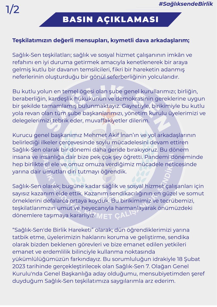 SSMahmutFaruk's tweet photo. Bu sorumluluğun idrakiyle 18 Şubat 2023 tarihinde gerçekleştirilecek olan Sağlık-Sen 7. Olağan Genel Kurulu'nda Genel Başkanlığa aday olduğumu, mensubiyetimden şeref duyduğum Sağlık-Sen teşkilatımıza saygılarımla arz ederim.

#SağlıkSendeBirlik https://t.co/0mmqfmDUGY