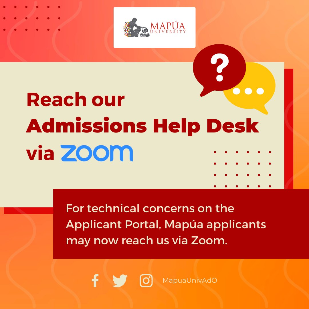 MapuaUnivAdO's tweet photo. Mapúa University Admissions Office officially opens its 𝐓𝐞𝐜𝐡𝐧𝐢𝐜𝐚𝐥 𝐒𝐮𝐩𝐩𝐨𝐫𝐭 𝐂𝐞𝐧𝐭𝐞𝐫 via Zoom for all incoming students this A.Y. 2023-2024. 🧑‍💻

𝐉𝐚𝐧𝐮𝐚𝐫𝐲 𝐒𝐜𝐡𝐞𝐝𝐮𝐥𝐞 is now open at: https://t.co/Q253llQ3Ub https://t.co/a5vJnDSfba