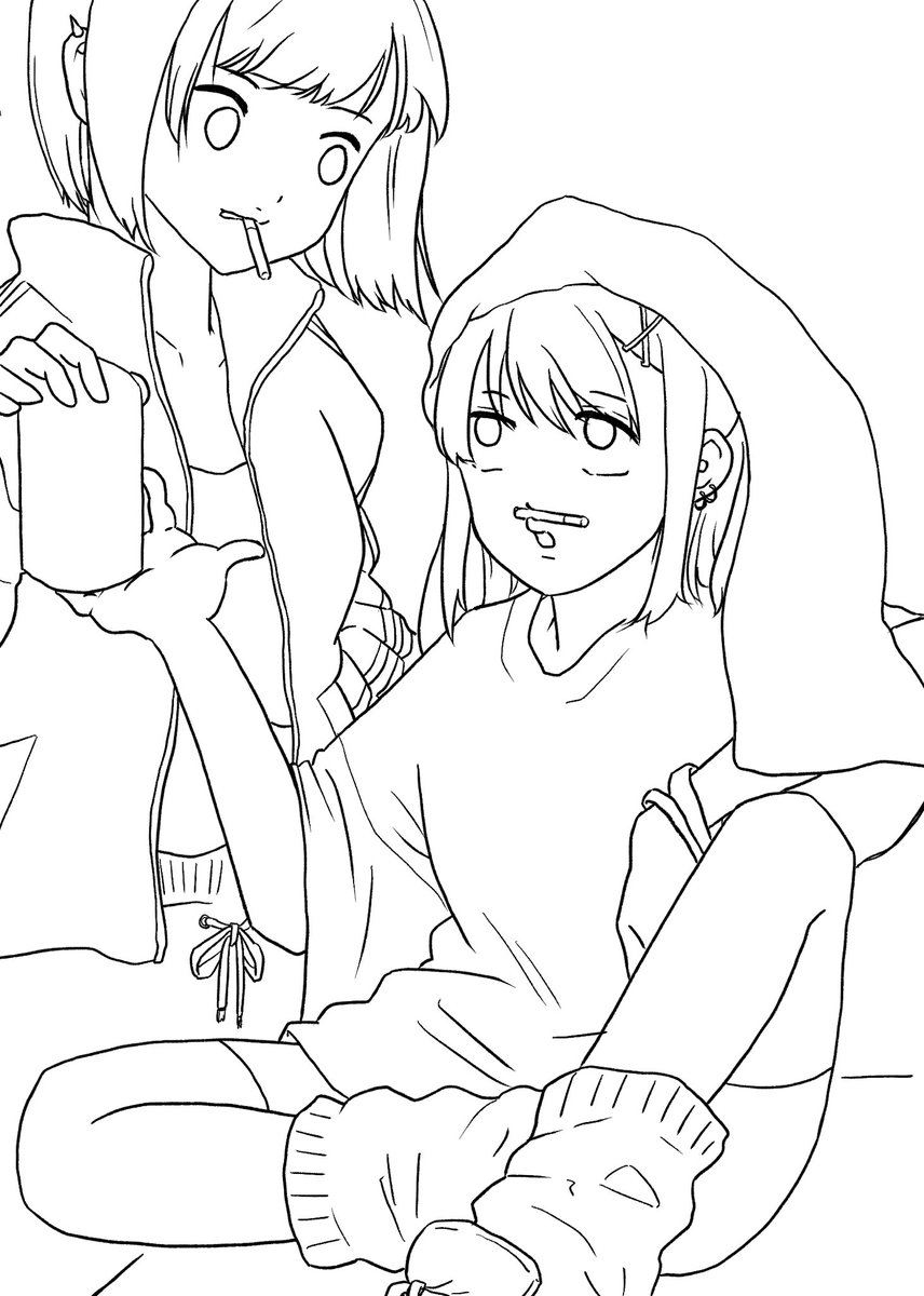 一人の人物しか描いてなかったから二人チャレンジ。もう線の時点で塗りが無理だと思われる。。
#イラスト #線画 
