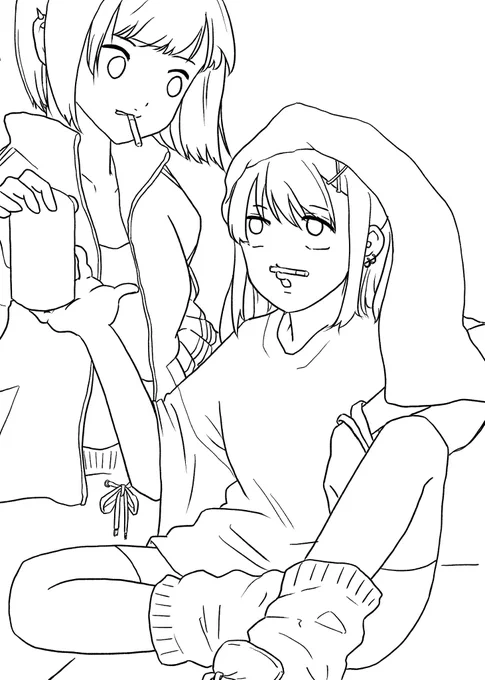 一人の人物しか描いてなかったから二人チャレンジ。もう線の時点で塗りが無理だと思われる。。
#イラスト #線画 
