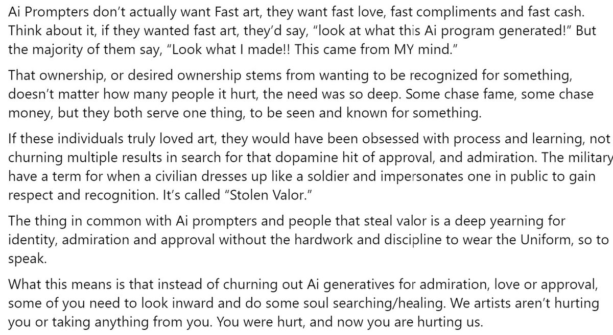JonLamArt's tweet photo. Ai Prompters don't actually want fast art, they want fast love/identity. READ
#CreateDontScrape #StolenValor https://t.co/5A0dv05kF6