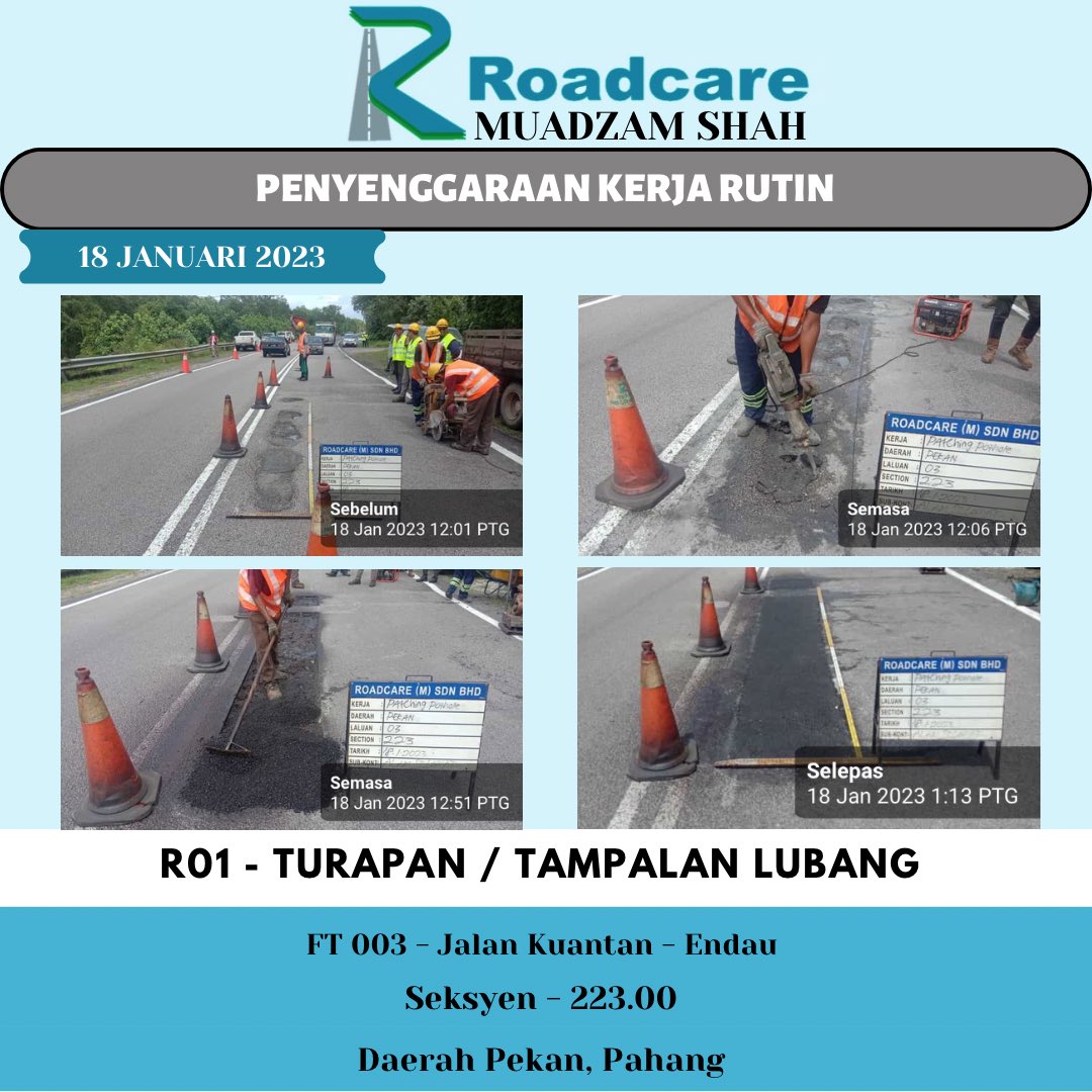 👷🏻‍♂️ #TeamRoadcareMuadzam 🚧
Penyenggaraan Kerja Rutin
R01 - Turapan / Tampalan Lubang

18 Januari 2023
FT 003 - Jalan Kuantan - Endau
Seksyen - 223.00
Daerah Pekan, Pahang

<a href="/JKRMalaysia/">JKR Malaysia</a> 
<a href="/JKRPAHANG/">JKR PAHANG</a> 
<a href="/JKRPekan/">JKR PEKAN</a> 
<a href="/Roadcare_HQ/">ROADCARE (M) SDN BHD</a> 
<a href="/Roadcare_Phg/">ROADCARE PAHANG</a>