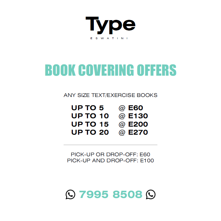 type_eswatini's tweet photo. We know school preps can be stressful...but they don't need to be!
Take advantage of our book covering offers and have one less task to worry about. 

WhatsApp us at 7995 8508 and get assisted immediately. 

#typeeswatini 
#typing 
#bookcovering  
#service
#eswatini
#tinitwitter https://t.co/6a3qkVc26C