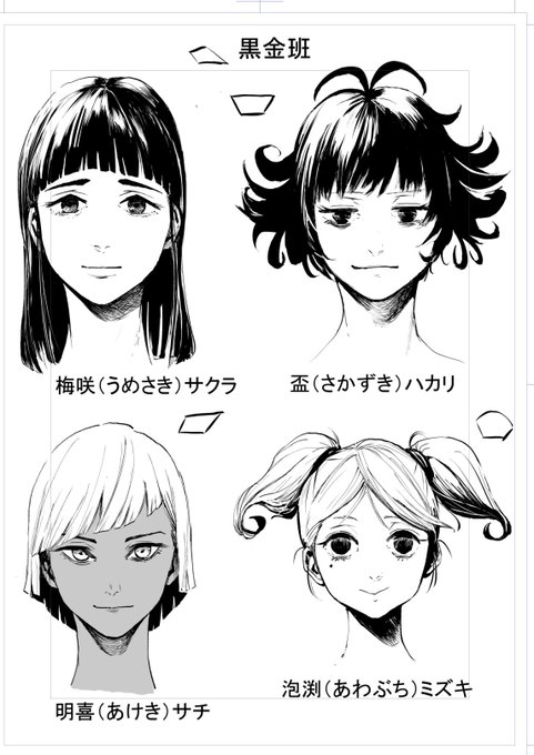 リリーメンキャラ設定その4
黒金班の4人
連載準備で描いたやつなので名前が少し違う
斜め上に描かれている図形は目の形を簡略化したもの
顔の違い出すための方法でやってみたんだけどなかなかおすすめ

https://t.co/ypIFaU0pLg 