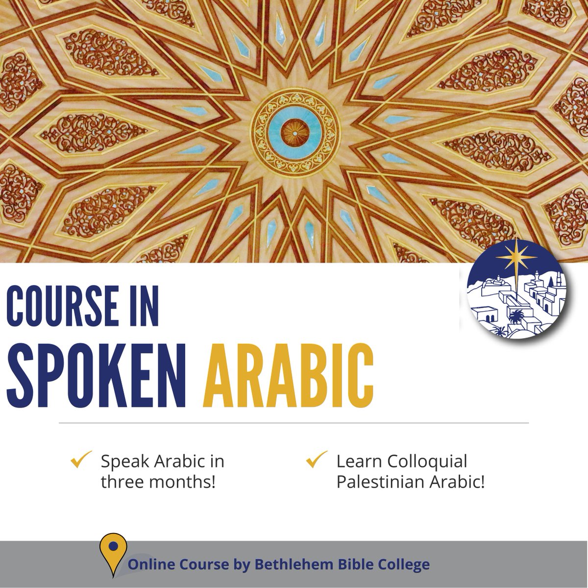 ⚪️ Online Arabic Course for Internationals - Level 1
✅ Invest in yourself &amp; support a student!
⏰ Every Monday and Thursday from 6:00 PM – 7:30 PM (Jerusalem Time)
📌 From your home.
🌐 Sign up here: bit.ly/2RKkpxz
#Bethlehem_Bible_College #Arabic_language