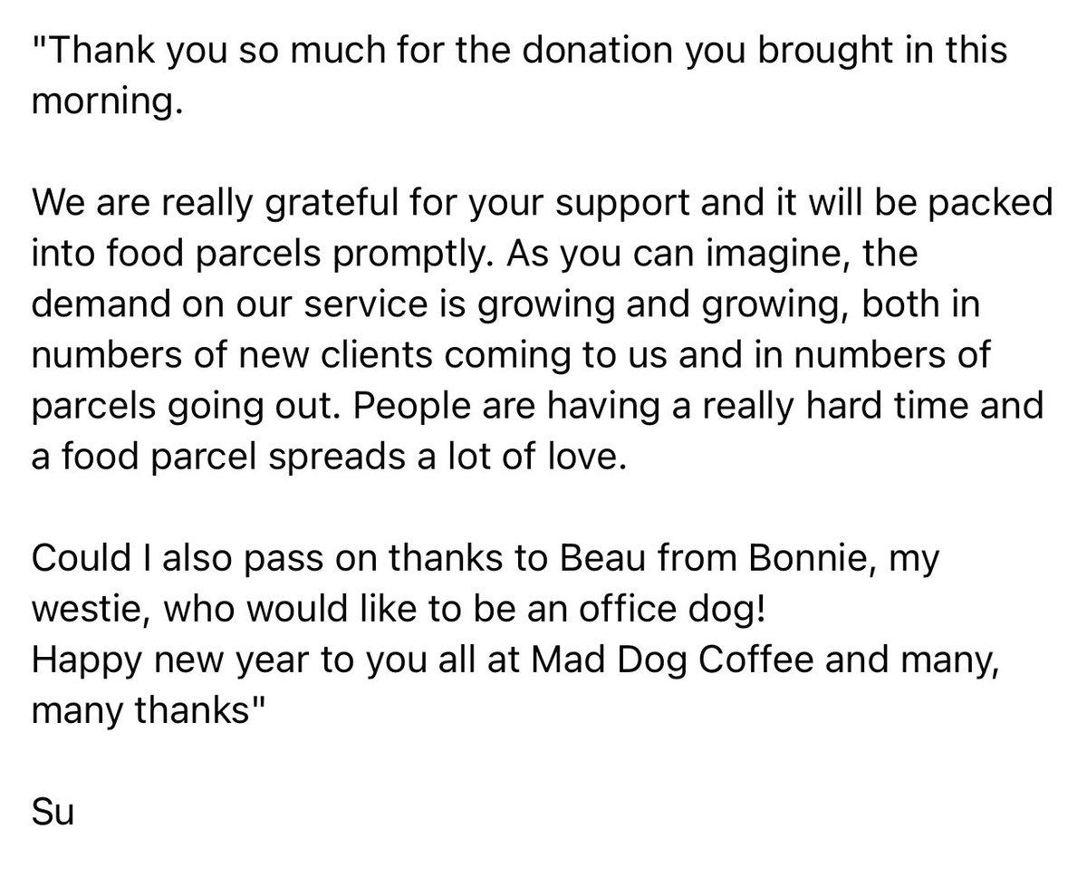 We had a lovely message from the Operations manager at The Easter Team following a drop off we made on behalf of all of our wonderful customers at Mad Dog Coffee. (You are the ones that make this possible! x)

#maddogcoffee #SBSwinner #givingback #amazingcustomers #coffee