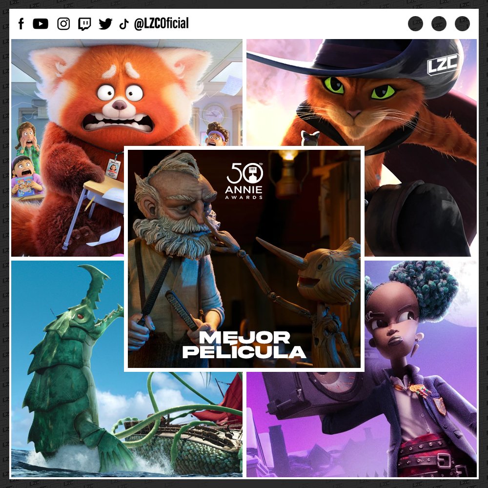 LZCOficial's tweet photo. Annie Awards 2023: Mejor Película 

- Turning Red
- El Gato con Botas 2: El Último Deseo
- Pinocho, de Guillermo del Toro
- Monstruo del Mar
- Wendell &amp; Wild https://t.co/46def1JLCd