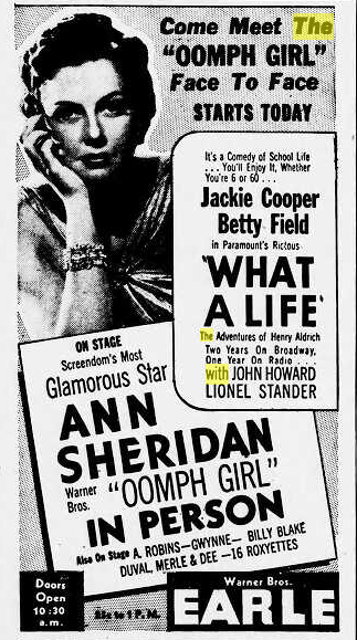1939 newspaper advert for the chance to see Ann Sheridan in person. The oomph girl on stage! (Poor Ann hated her nickname.) #oldmoviestars #AnnSheridan #oldHollywood #oldmovies #oomphgirl #TCMparty